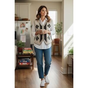 VTG! "Christopher & Banks"  Hand Embroidered Heart Sweater Vest XL Oatmeal Y2K